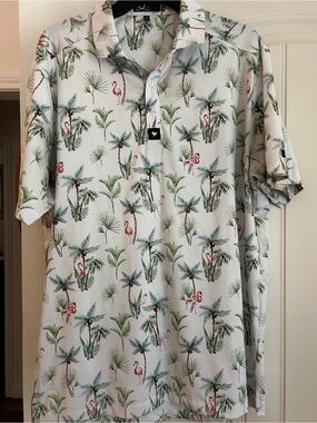 Bad Birdie White Tropical Palm & Pink Flamingo Polo